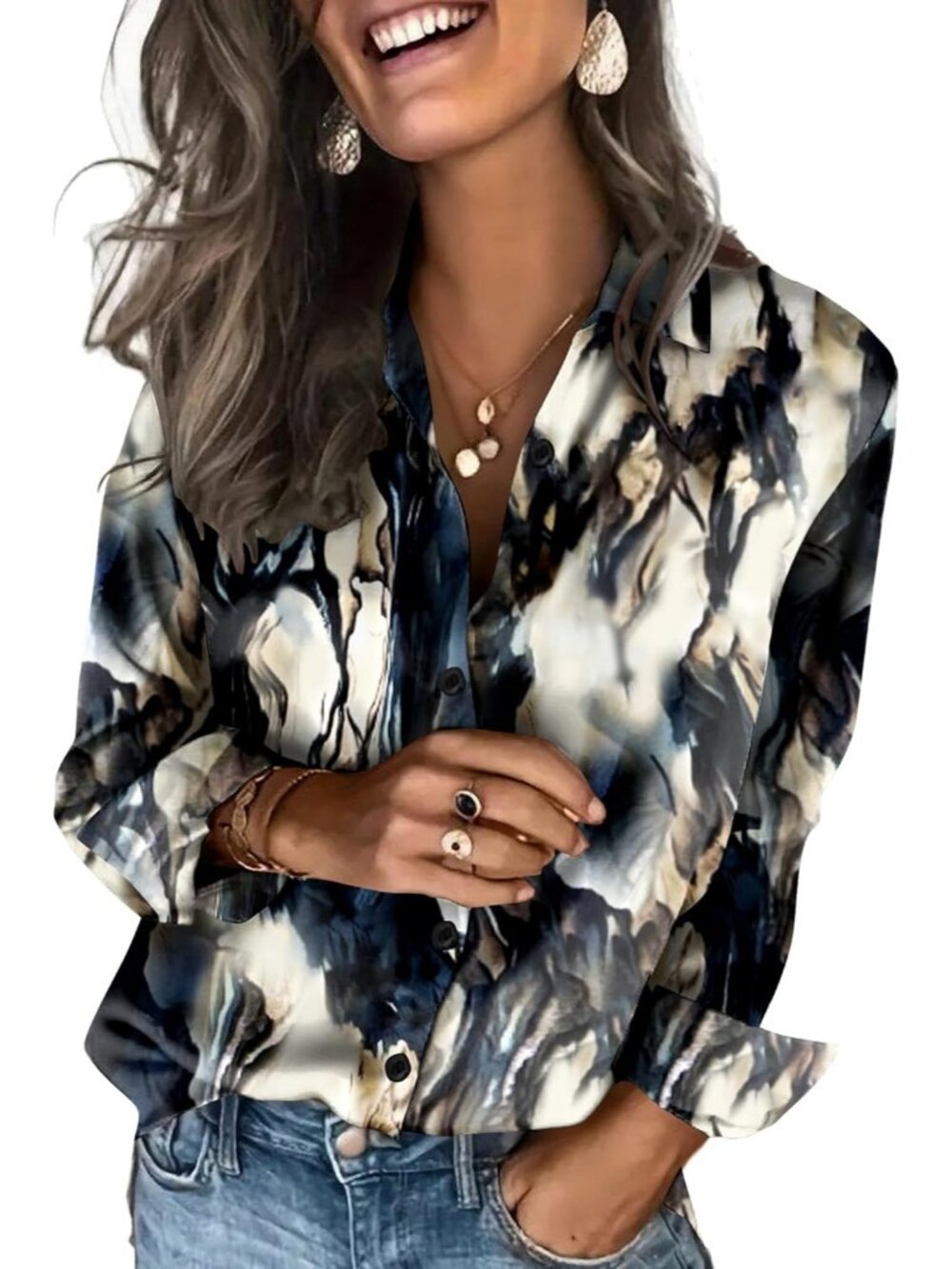 Women's Tie Dye Satin Silk Button Down Shirt Long Sleeve Business Casual Tops